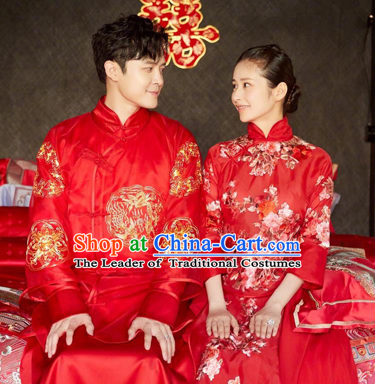 Chinese Traditional Embroidered Wedding Costume Ancient Bride and Bridegroom Xiuhe Suits Complete Set