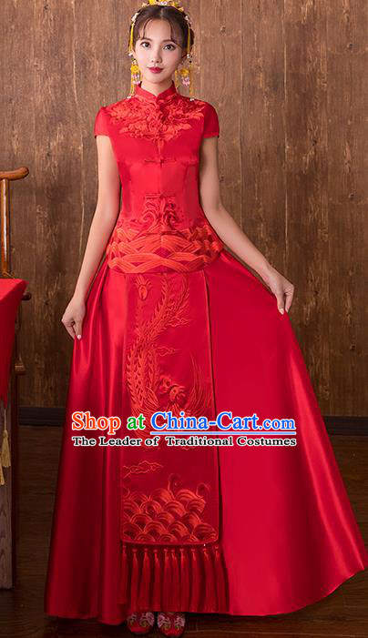 Chinese Traditional Embroidered Phoenix Wedding Costume Bridal Xiuhe Suit Ancient Toast Cheongsam for Women