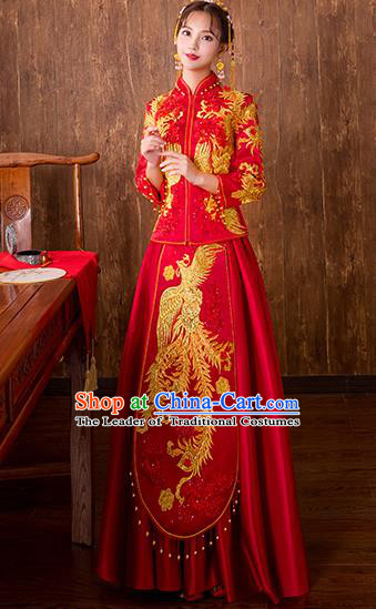 Chinese Traditional Embroidered Phoenix Bottom Drawer Bridal Wedding Xiuhe Suit Ancient Toast Cheongsam for Women