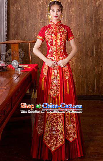 Chinese Traditional Embroidered Red Bottom Drawer Bridal Wedding Xiuhe Suit Ancient Toast Cheongsam for Women