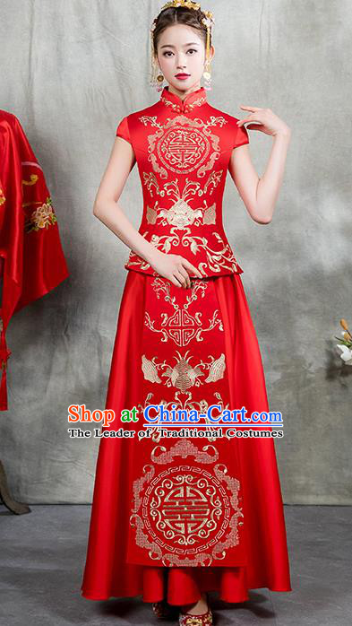 Chinese Traditional Embroidered Bridal Xiuhe Suit Ancient Wedding Toast Red Cheongsam Dress for Women