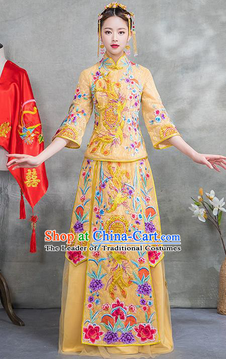 Chinese Traditional Embroidered Phoenix Bridal Yellow Xiuhe Suit Ancient Wedding Toast Cheongsam Dress for Women