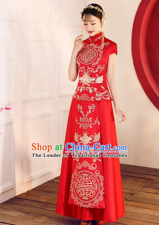 Chinese Traditional Embroidered Red Xiuhe Suit Ancient Wedding Short Sleeve Toast Cheongsam Dress for Women