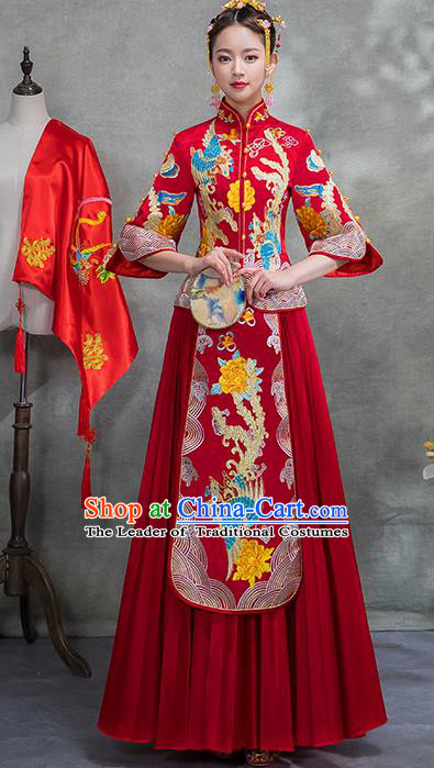 Chinese Traditional Embroidered Phoenix Xiuhe Suit Ancient Wedding Red Toast Cheongsam Dress for Women