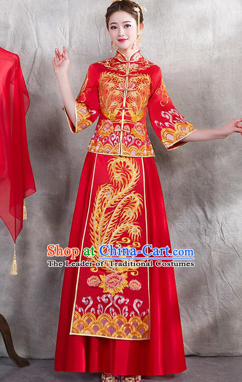 Chinese Traditional Embroidered Golden Phoenix Xiuhe Suit Ancient Wedding Red Toast Cheongsam Dress for Women