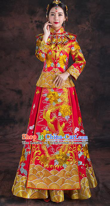 Traditional Chinese Red Toast Cheongsam Ancient Embroidered Phoenix Bottom Drawer Xiuhe Suit Wedding Dress for Women