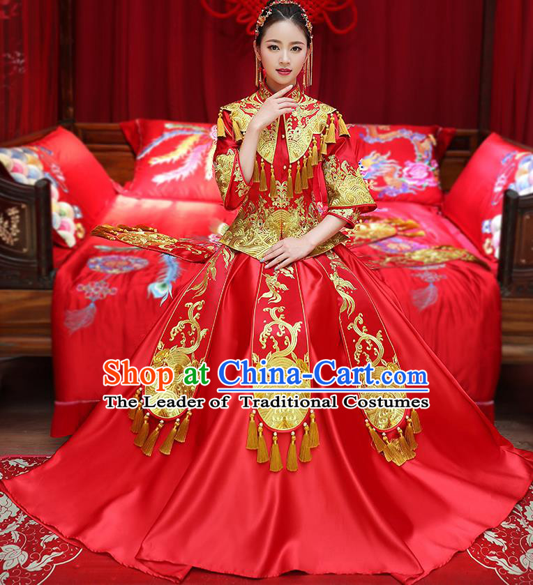 Chinese Traditional Embroidered Phoenix Xiuhe Suit Longfeng Flown Ancient Bottom Drawer Wedding Dress for Women