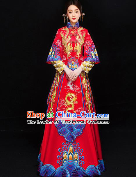 Chinese Traditional Xiuhe Suit Embroidered Longfeng Flown Ancient Bottom Drawer Wedding Dress for Women