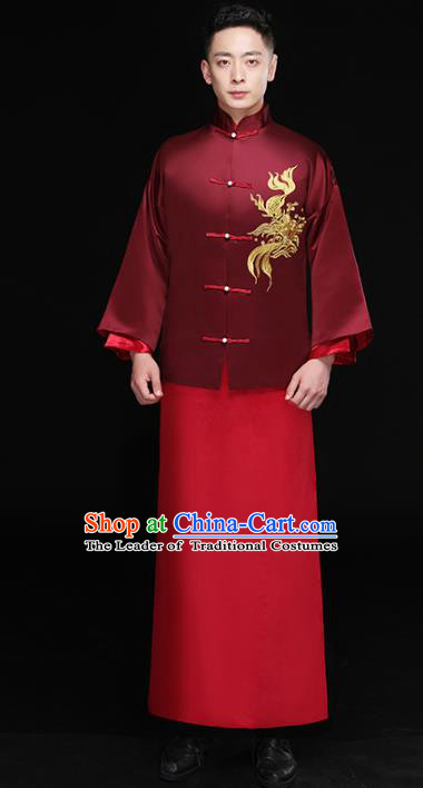 Chinese Traditional Bridegroom Embroidered Costume Ancient Tang Suit Wine Red Clothing for Men