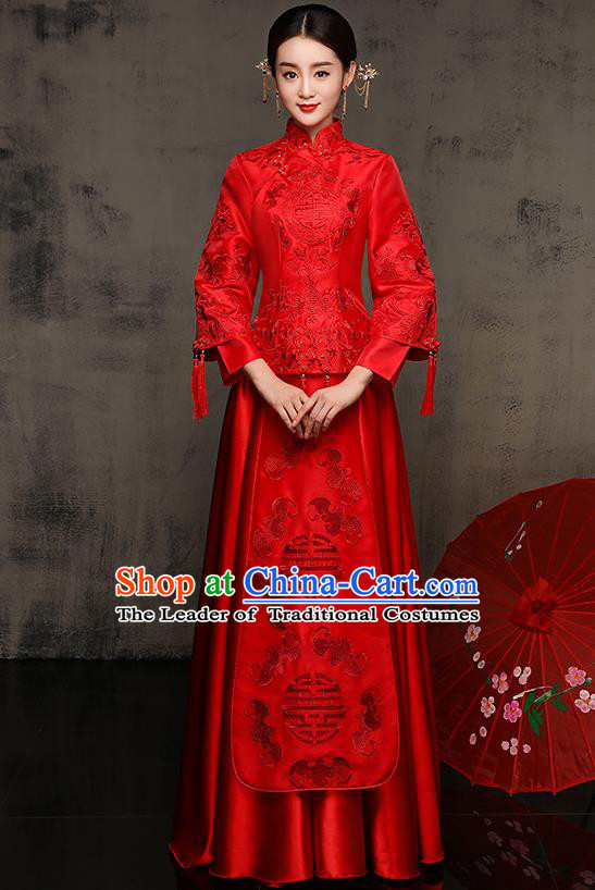 Chinese Traditional Embroidered Xiuhe Suit Red Toast Cheongsam Ancient Phoenix Bottom Drawer Wedding Dress for Women