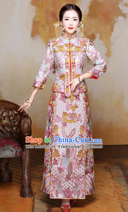 Chinese Traditional Xiuhe Suit Embroidered Phoenix Pink Longfeng Flown Ancient Wedding Dress for Women