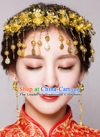 Chinese Traditional Wedding Golden Hair Accessories Bride Hairpins Headwear for Women