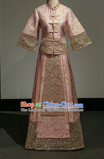 Chinese Traditional Wedding Xiuhe Suit Ancient Longfeng Flown Bride Embroidered Pink Dress for Women