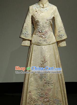 Chinese Traditional Wedding Yellow Xiuhe Suit Ancient Longfeng Flown Bride Embroidered Cheongsam Dress for Women