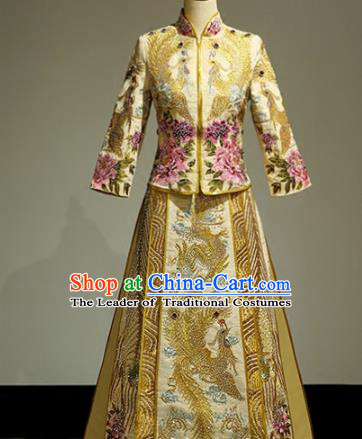 Chinese Traditional Wedding Golden Xiuhe Suit Ancient Longfeng Flown Bride Embroidered Cheongsam Dress for Women