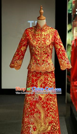 Chinese Traditional Wedding Xiuhe Suit Ancient Longfeng Flown Bride Embroidered Cheongsam Dress for Women