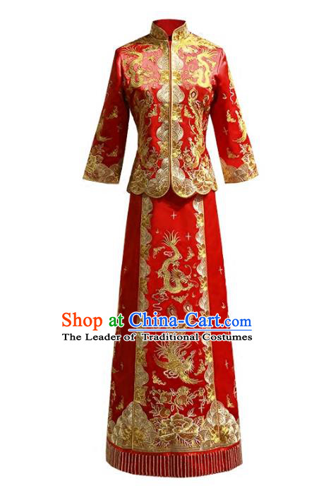Chinese Traditional Wedding Red Xiuhe Suit Ancient Longfeng Flown Bride Embroidered Cheongsam Dress for Women