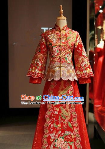 Chinese Traditional Bride Red Xiuhe Suit Ancient Longfeng Flown Embroidered Peony Wedding Cheongsam Dress for Women