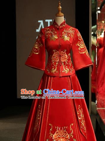 Chinese Traditional Bride Xiuhe Suit Ancient Longfeng Flown Embroidered Peony Wedding Cheongsam Dress for Women