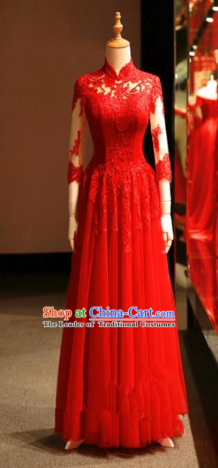 Chinese Traditional Bride Embroidered Lace Cheongsam Ancient Wedding Longfeng Flown Dress for Women