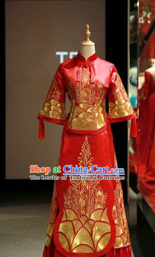 Chinese Traditional Bride Embroidered Cheongsam Red Xiuhe Suit Ancient Wedding Longfeng Flown Dress for Women