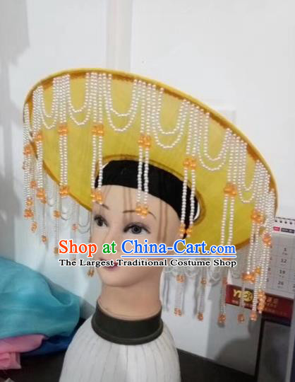 Chinese Traditional Beijing Opera Fishing Lady Yellow Hat Peking Opera Drakan Headwear for Adults