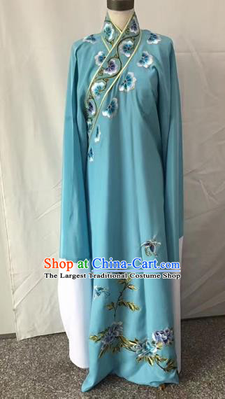 Chinese Traditional Beijing Opera Niche Embroidered Peony Blue Robe Peking Opera Young Men Costume for Adults