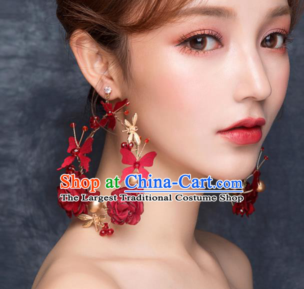 Top Grade Bride Wedding Accessories Red Rose Earrings for Women