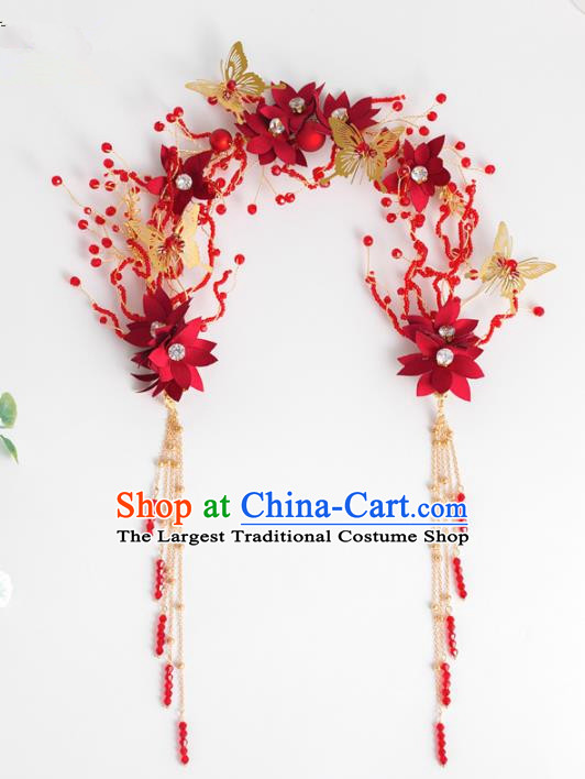 Chinese Ancient Hanfu Wedding Red Flowers Hair Clasp Hair Accessories Traditional Tassel Hairpins for Women