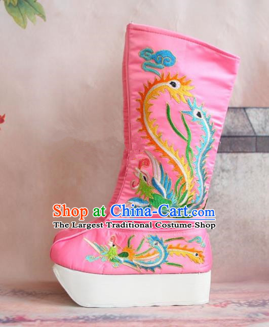 Chinese Traditional Beijing Opera Emperor Shoes Beijing Opera Takefu Pink Embroidered Boots for Men