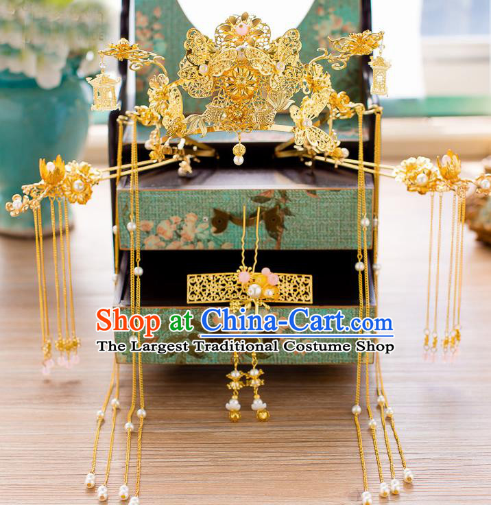 Chinese Ancient Golden Phoenix Coronet Wedding Hair Accessories Traditional Hairpins for Women