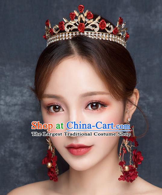 Top Grade Wedding Hair Accessories Bride Retro Red Rose Royal Crown for Women