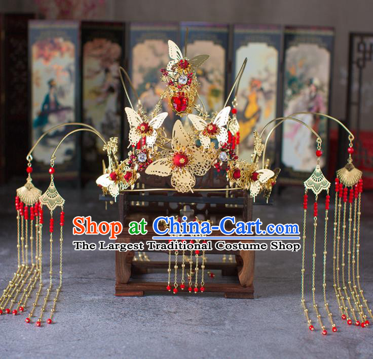 Chinese Ancient Tassel Butterfly Phoenix Coronet Wedding Hair Accessories Traditional Hairpins for Women