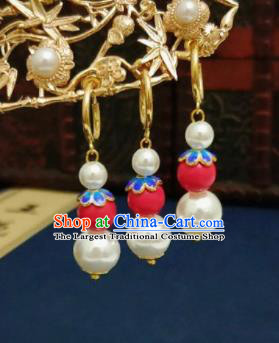 Chinese Ancient Red and White Beads Earrings Qing Dynasty Manchu Palace Lady Ear Accessories for Women