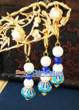 Chinese Ancient Blueing Beads Earrings Qing Dynasty Manchu Palace Lady Three Strings Ear Accessories for Women