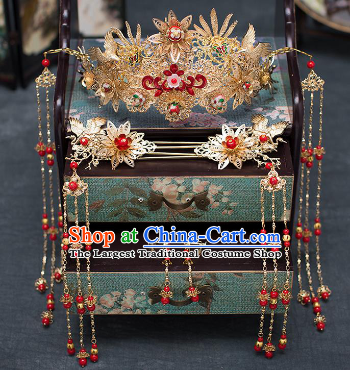 Chinese Traditional Wedding Bride Phoenix Coronet Hair Accessories Ancient Tassel Step Shake Hairpins for Women