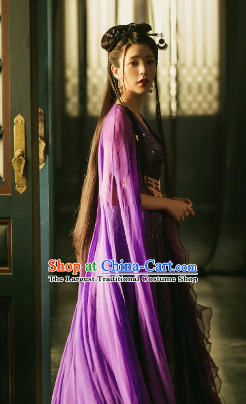 Chinese Ancient Peri Costume Traditional Princess Purple Dress for Women