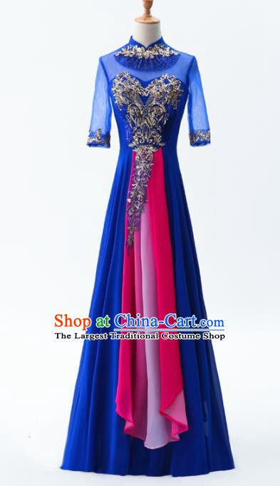 Chinese Traditional National Cheongsam Compere Chorus Costume Blue Full Dress for Women