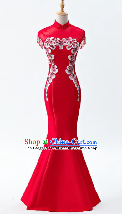 Chinese Traditional National Wedding Cheongsam Compere Chorus Costume Red Full Dress for Women