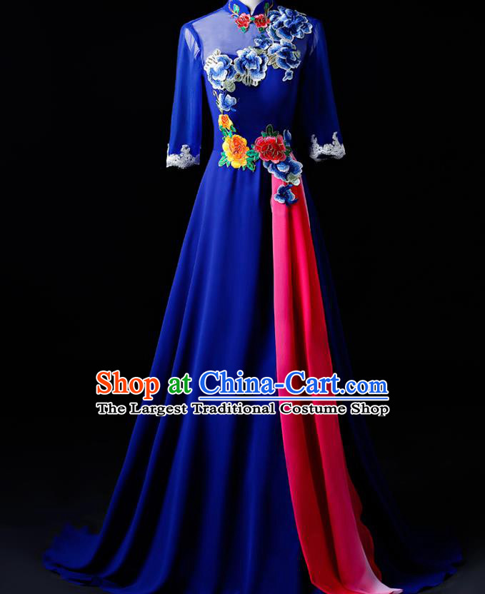 Chinese Traditional National Royalblue Cheongsam Compere Chorus Costume Folk Dance Full Dress for Women