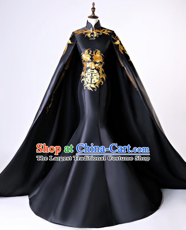 Chinese Traditional Peony Pattern Black Full Dress Compere Chorus Costume for Women