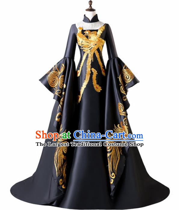 Chinese Traditional Phoenix Pattern Black Full Dress Compere Chorus Costume for Women