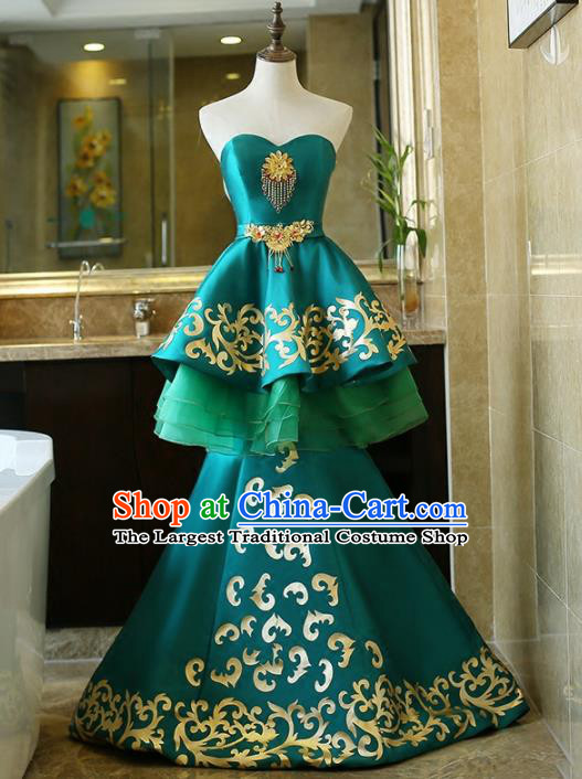 Chinese Traditional Compere Green Full Dress Embroidered Cheongsam Chorus Costume for Women