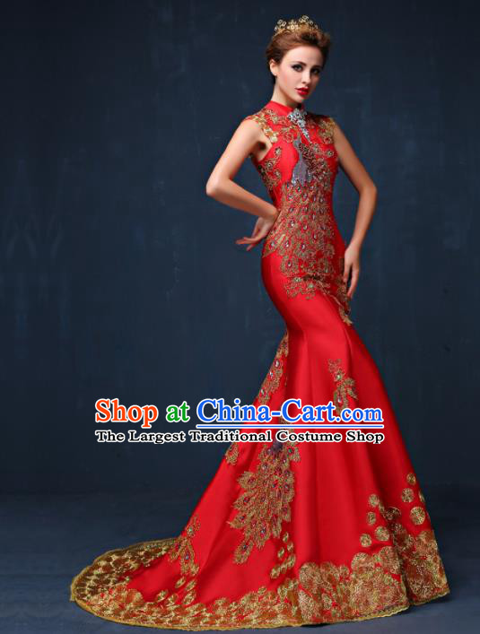 Chinese Traditional Compere Full Dress Red Cheongsam Chorus Costume for Women