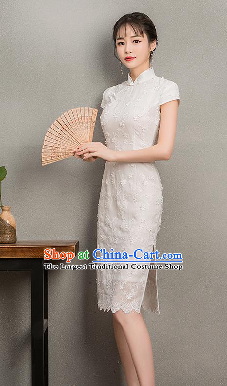 Chinese Traditional Retro Qipao Dress White Short Cheongsam Compere Costume for Women