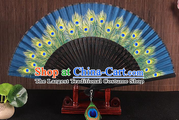 Chinese Traditional Craft Printing Peacock Feather Folding Fans