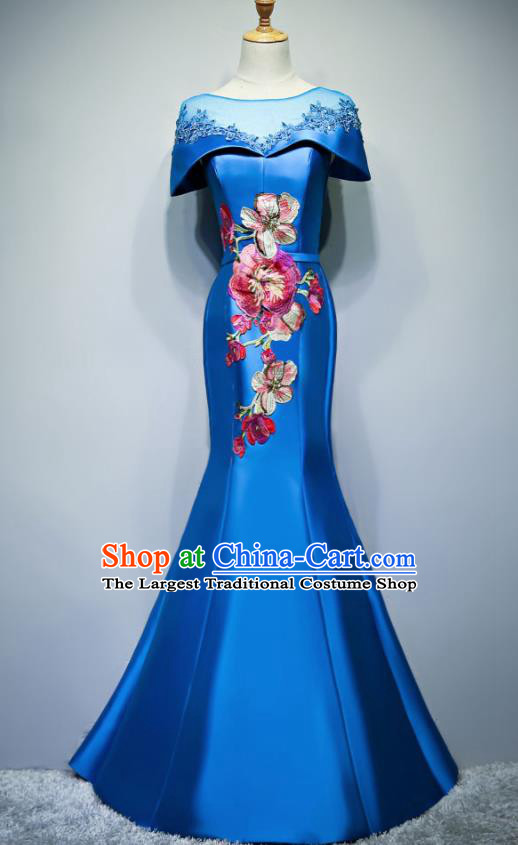 Chinese Traditional Embroidered Blue Full Dress Compere Chorus Costume for Women