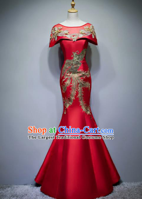 Chinese Traditional Embroidered Phoenix Red Full Dress Compere Chorus Costume for Women