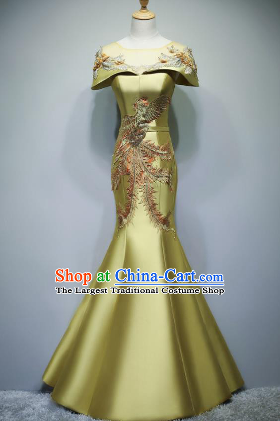 Chinese Traditional Embroidered Phoenix Yellow Full Dress Compere Chorus Costume for Women