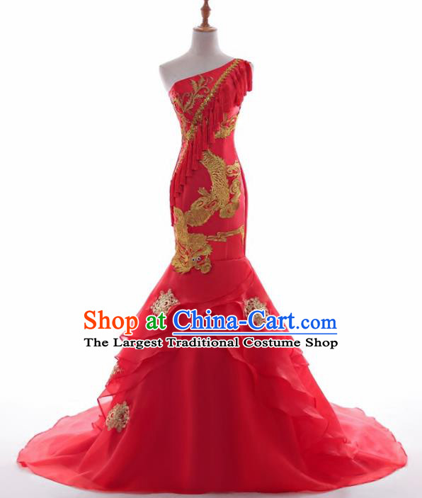 Chinese Traditional Embroidered Dragon Wedding Red Full Dress Compere Chorus Costume for Women